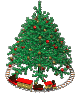 Animated gif of a Christmas tree with a toy train round and round the base of the tree