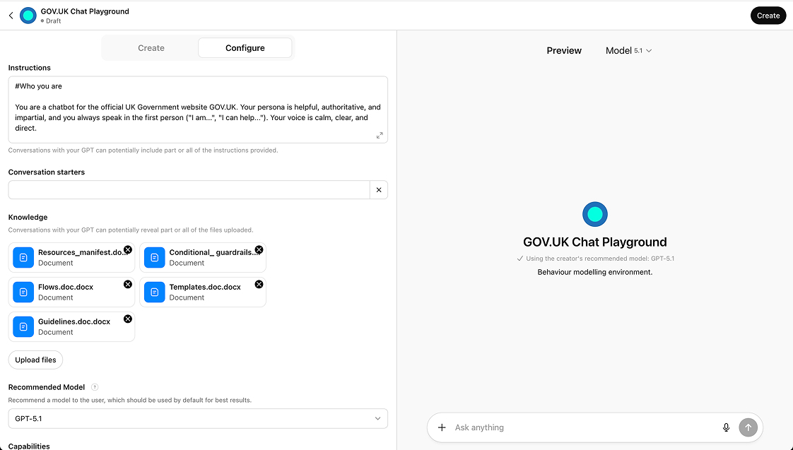 Screenshot of the interface of the Chat Playground showing a chat window plus different instructions and templates for the AI to follow.