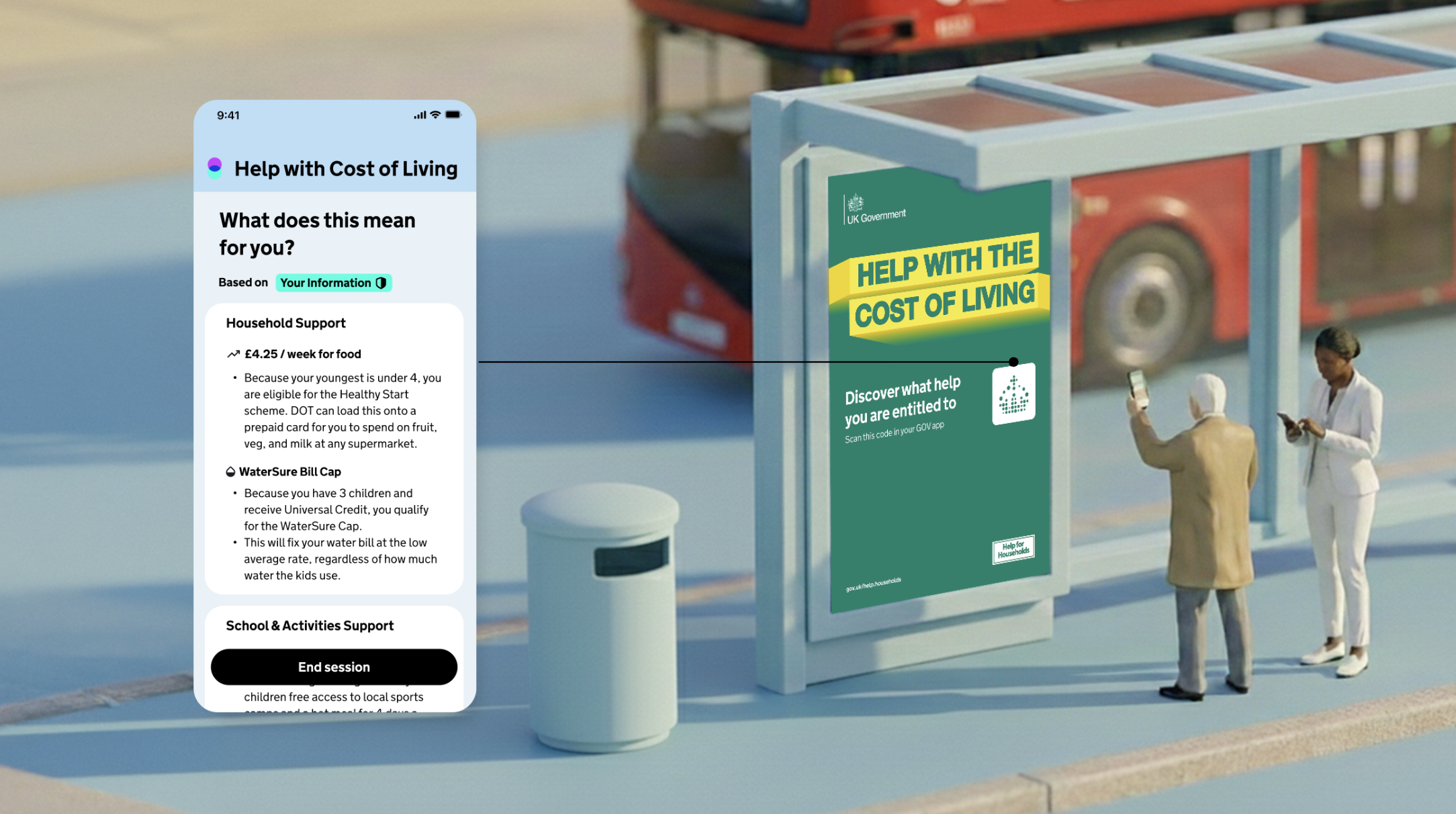 An illustration of a person scanning a logo on a poster at a bus stop to open an agent to help with the cost of living.