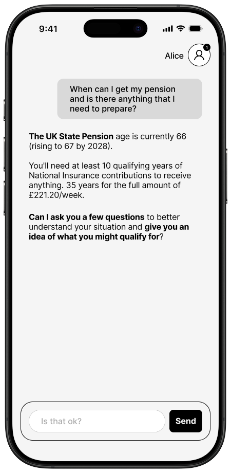 A prototyped example of a conversation where the user asks when they can get their state pension and what they need to prepare. The chat agent responds with the state pension age, 66, and requirements. It then asks permission to ask a few questions to better understand the user's situation so that it can give a better idea of what the user might qualify for.