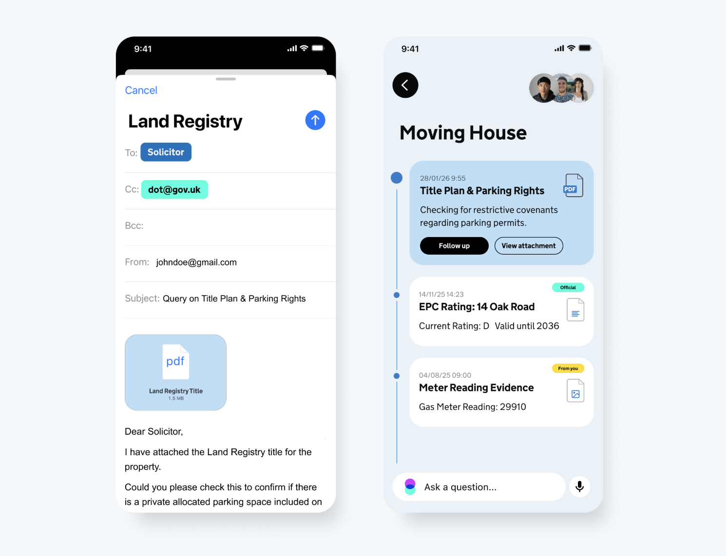 Two screens side by side. On the left, a query being emailed to a solicitor with a land registery title attached, with an agent copied into the email. On the right, a plan titled moving house, with various documents, including the title deed, listed.