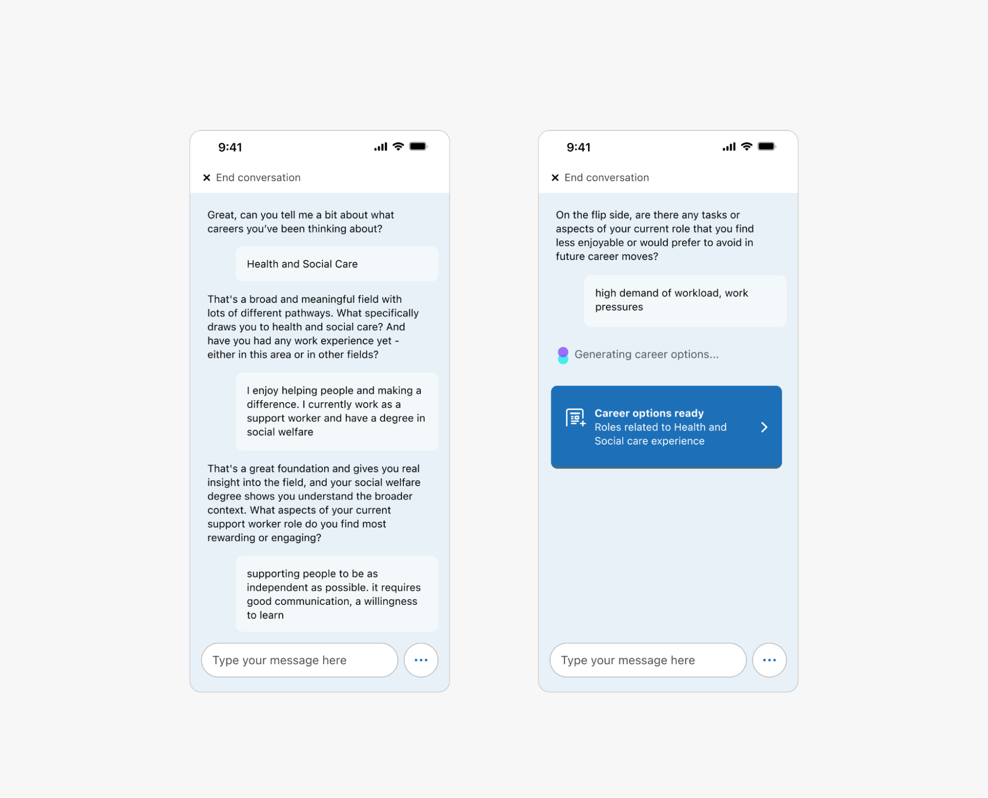 Screenshot showing a conversational interface with an AI agent asking questions to understand a user's career goals and constraints