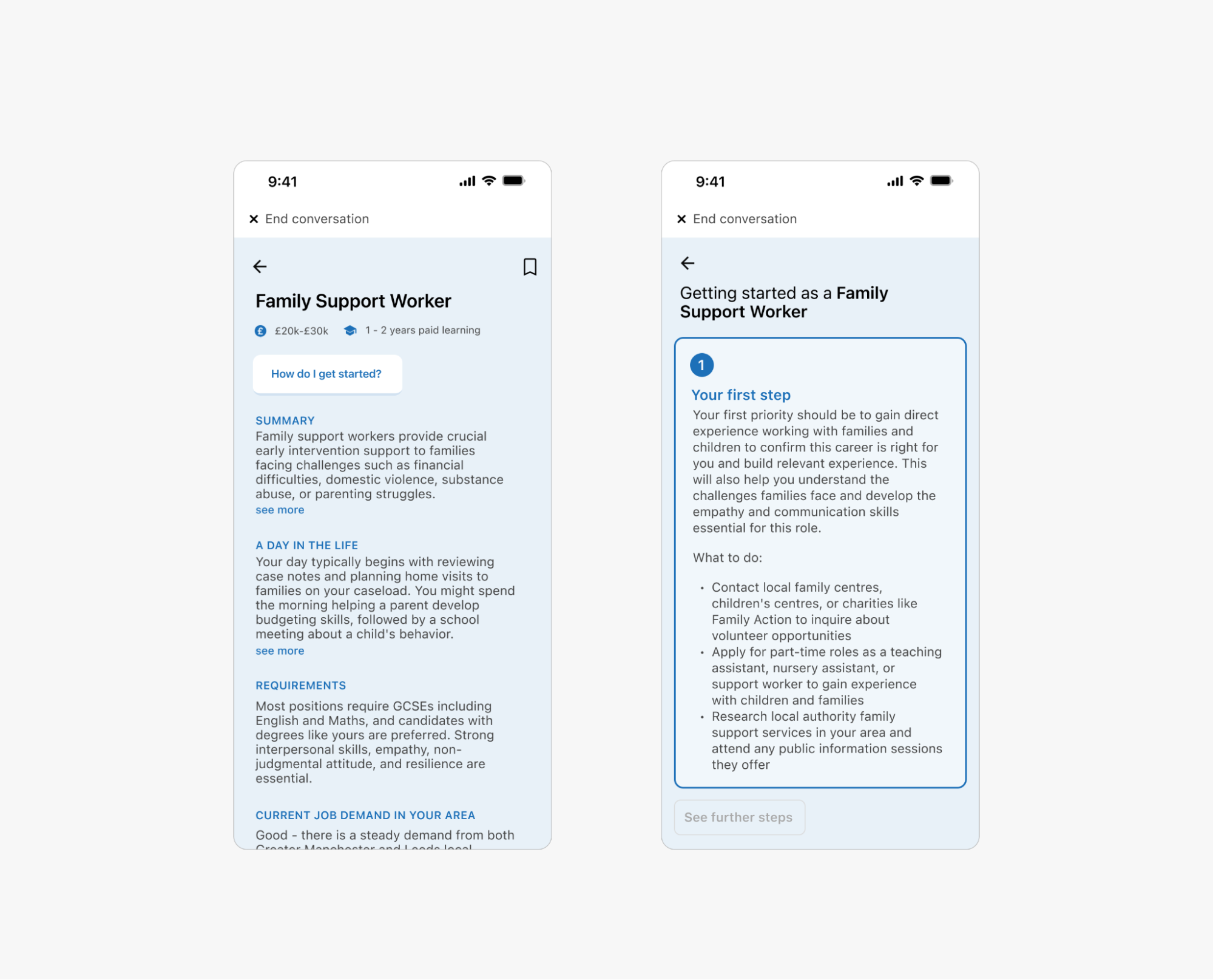Screenshot showing personalized career recommendations with step-by-step plans generated based on user information