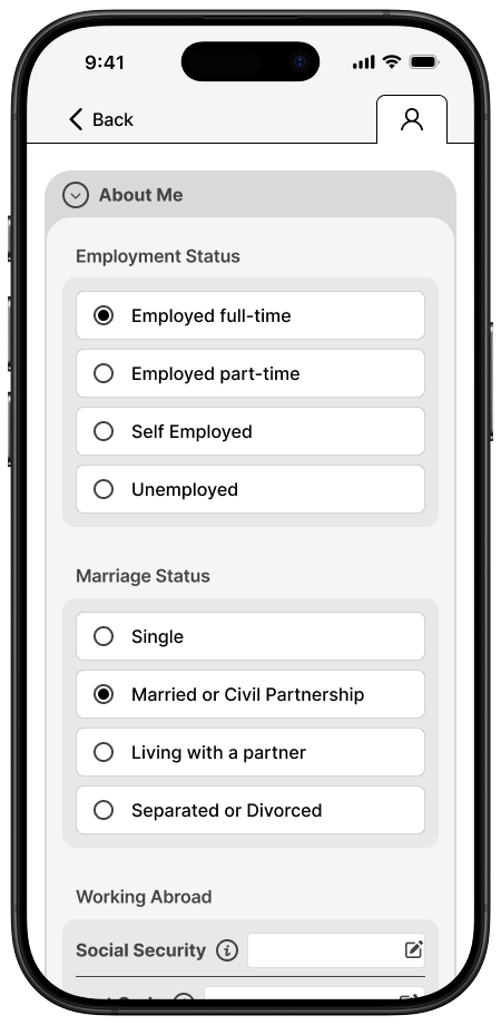 A prototyped example of user's account page, showing the saved information about their employment and marital status.