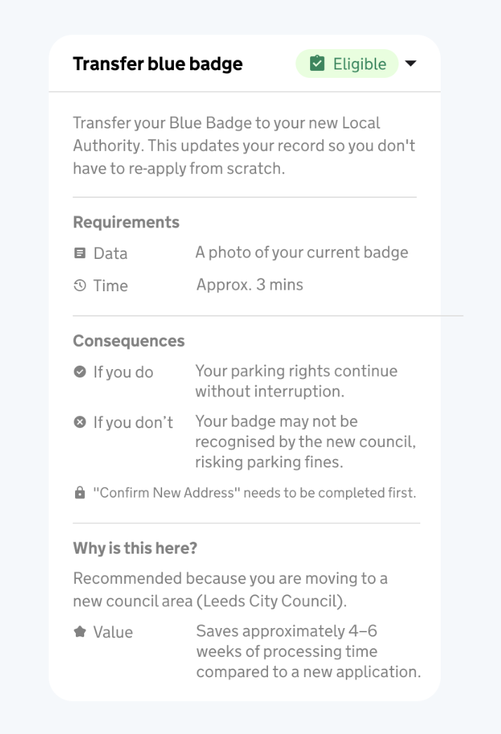 A detailed view of a task expanded using an arrow icon. The task is Transfer blue badge, and the detailed view shows a description, requirements, consequences and an explanation of why the task has been included.