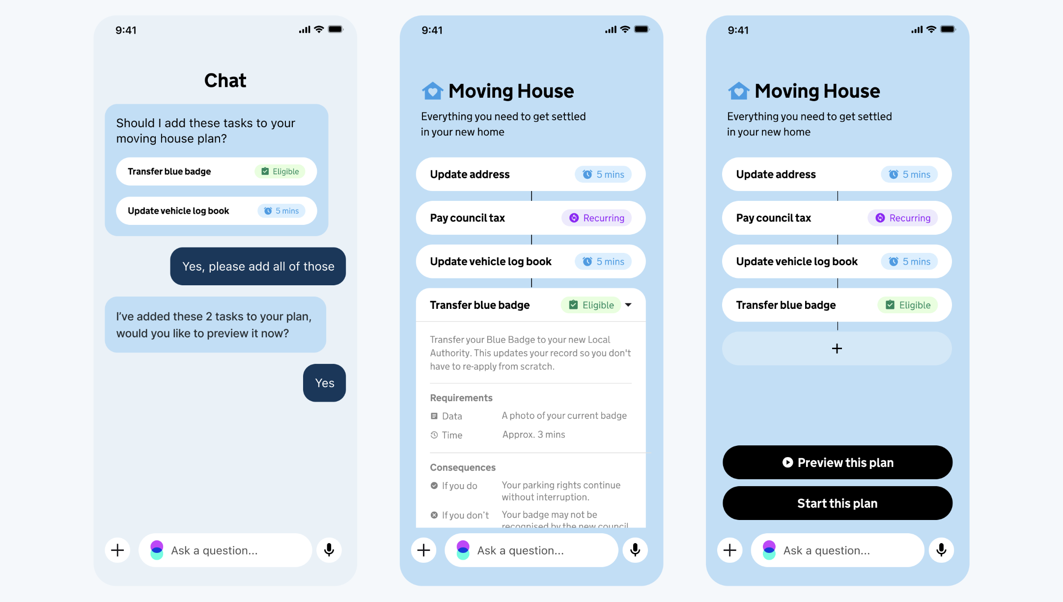 Three in-app screens showing, from left, a user giving an agent permission to move the tasks they've discussd to their moving house plan, the moving house plan with one task expanded to show more detail, and the moving house plan with two options available - preview this plan and start this plan
