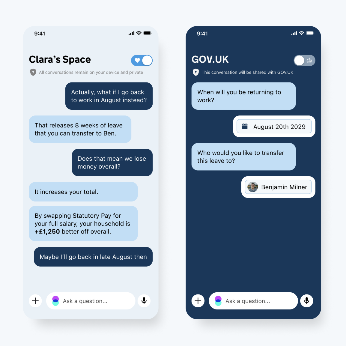A side-by-side view of two in-app chat screens. One is titled "Clara's space" and a message under the title says that all conversations remain on your device and private. The second chat is titled GOV.UK and the message says that this conversation will be shared with GOV.UK
