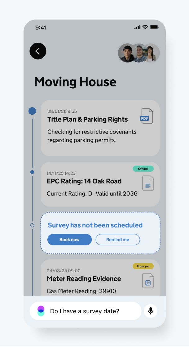A list of cards in mobile app screen showing documents and tasks. One task - Survey has not been scheduled - has been highlighted and gives users the option to "Book now" or "Remind me".