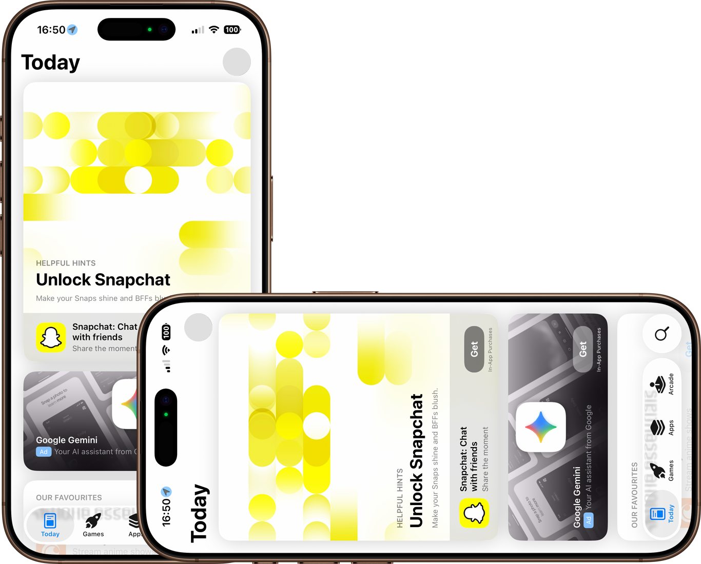 An app store on smartphones in both portrait and landscape. The store has not rotated for the landscape phone, with the content displayed sideways.