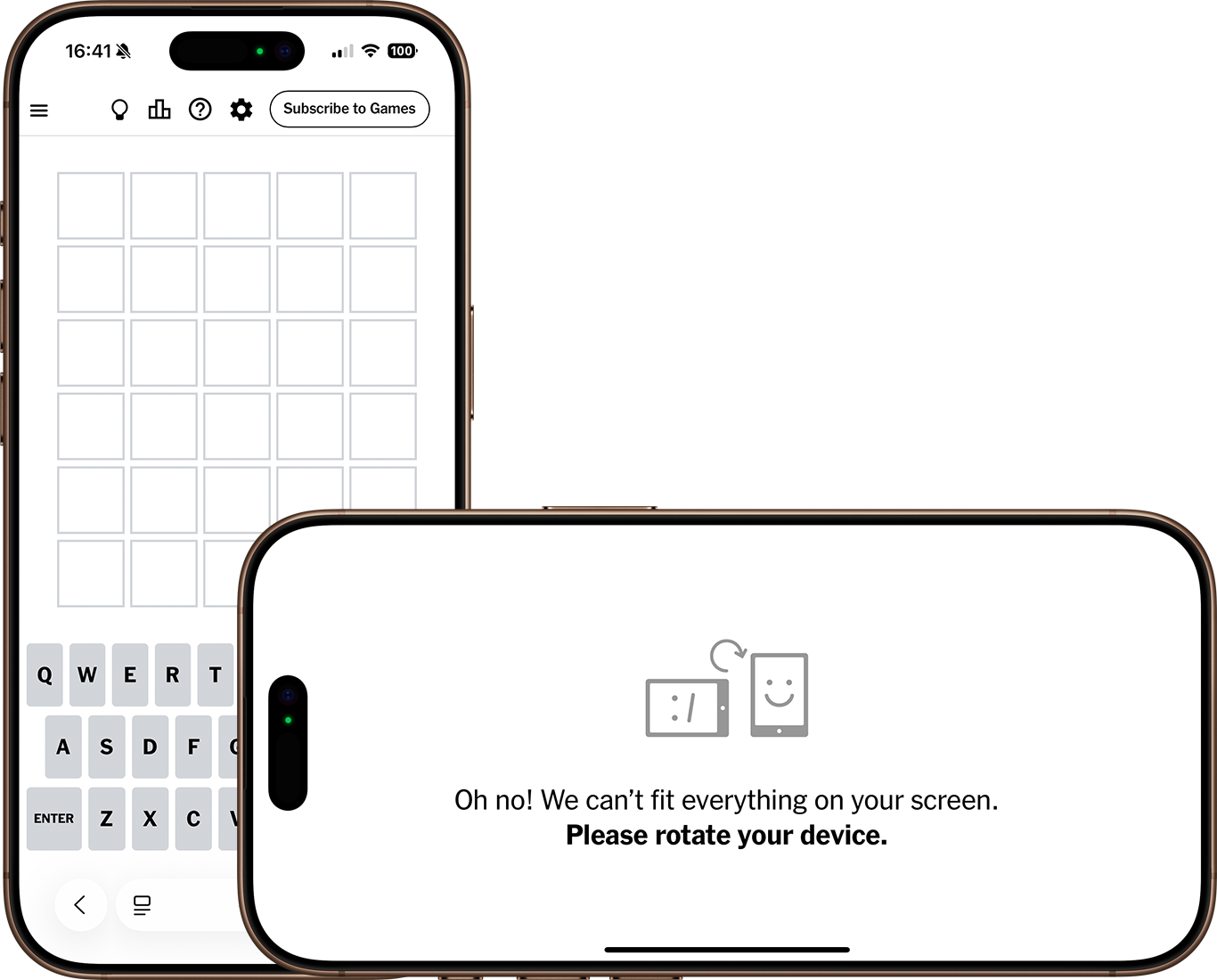 A word game on smartphones in both portrait and landscape. The portrait phone shows the game as normal, but the landscape phone shows an instruction telling the user to rotate their device.