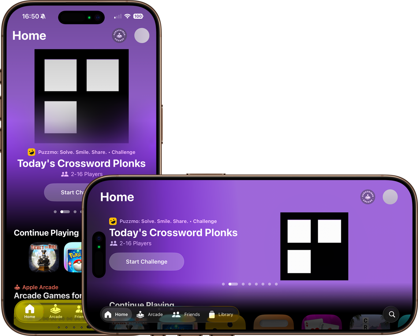 A game store app on smartphones in both portrait and landscape. The content on the landscape phone has been rotated and expanded to fit the orientation.