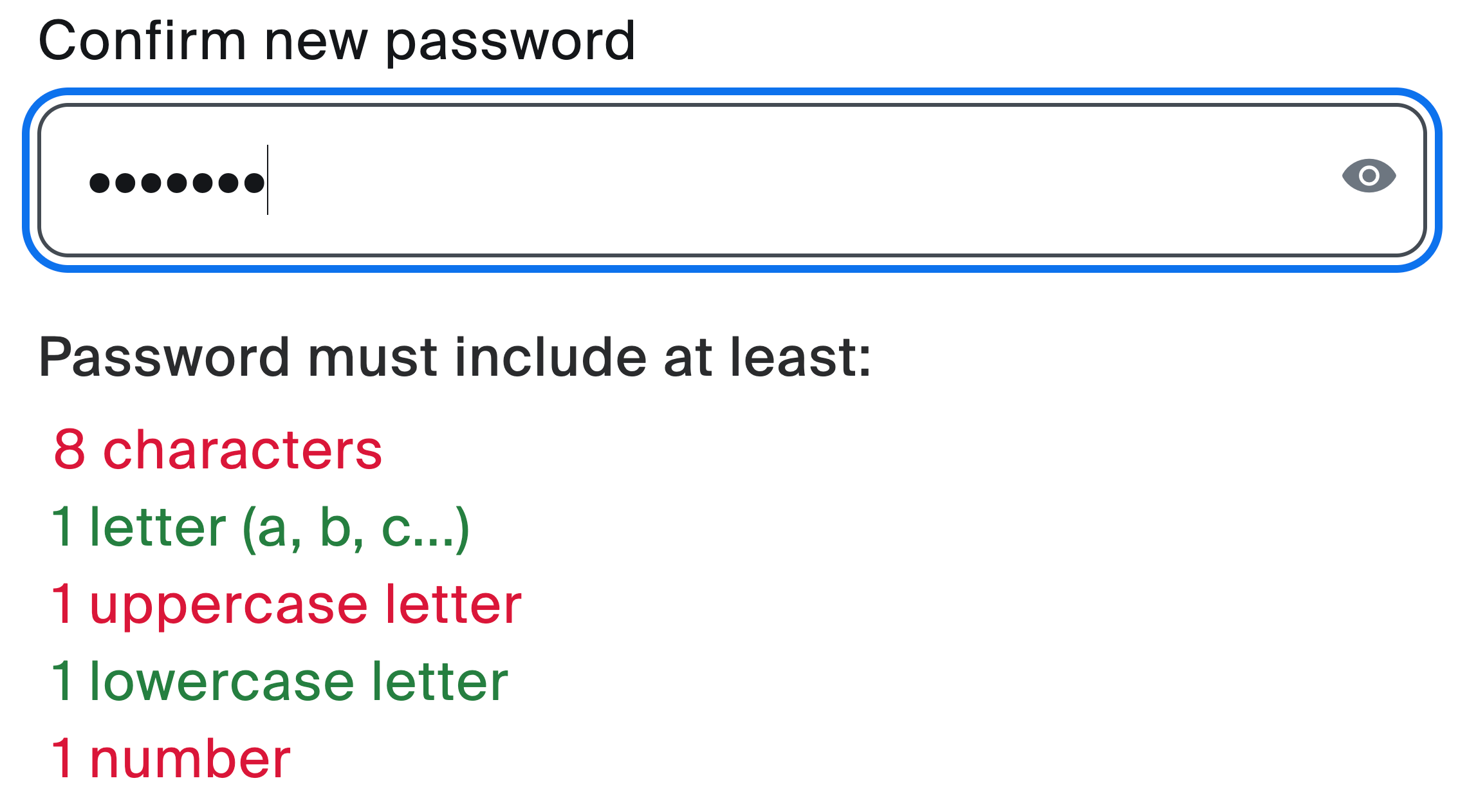 Password requirements in red or green