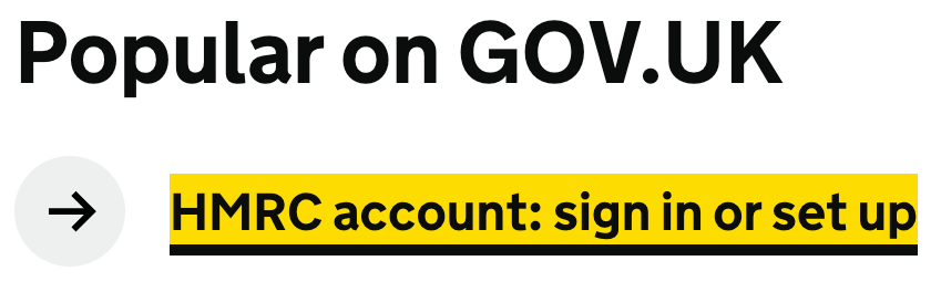 GOV.UK style heading and a link which has been highlighted in orange with a thick black underline