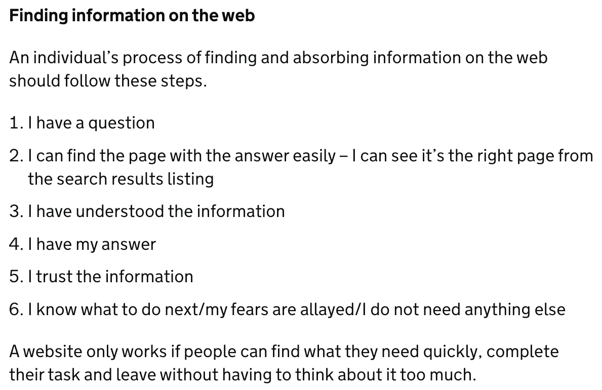 A screenshot with text about how users find information on the web from GOV.UK