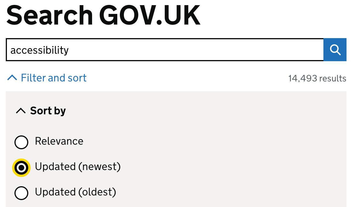 GOV.UK search for "accessibility", with an option selected to sort by updated (newest)
