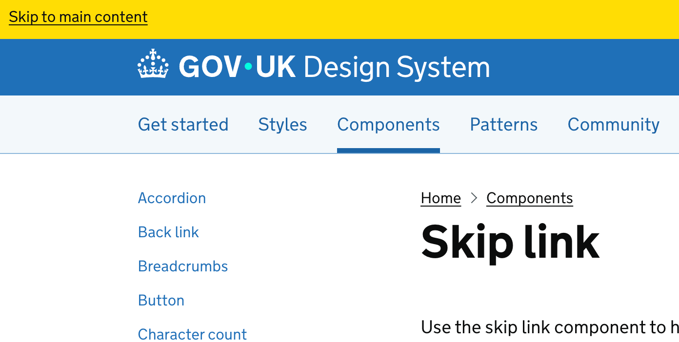 "Skip to main content" link in a yellow bar at the top of a GOV.UK Design System page