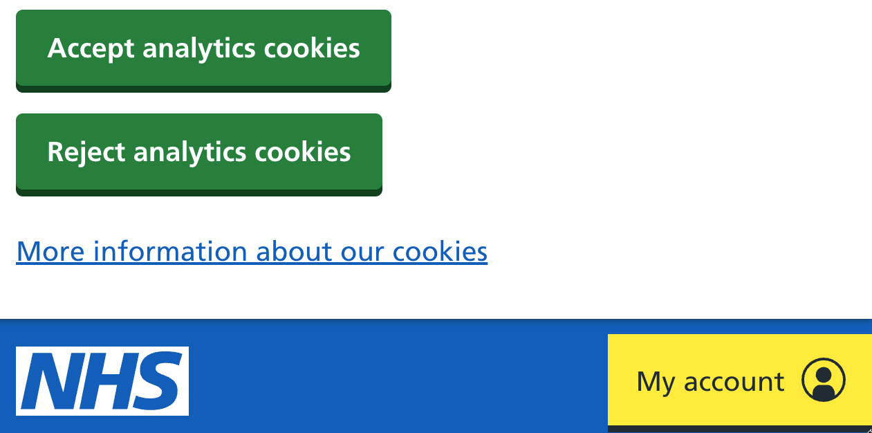 Buttons to accept or reject cookies, above an NHS banner and focused "My account" link.