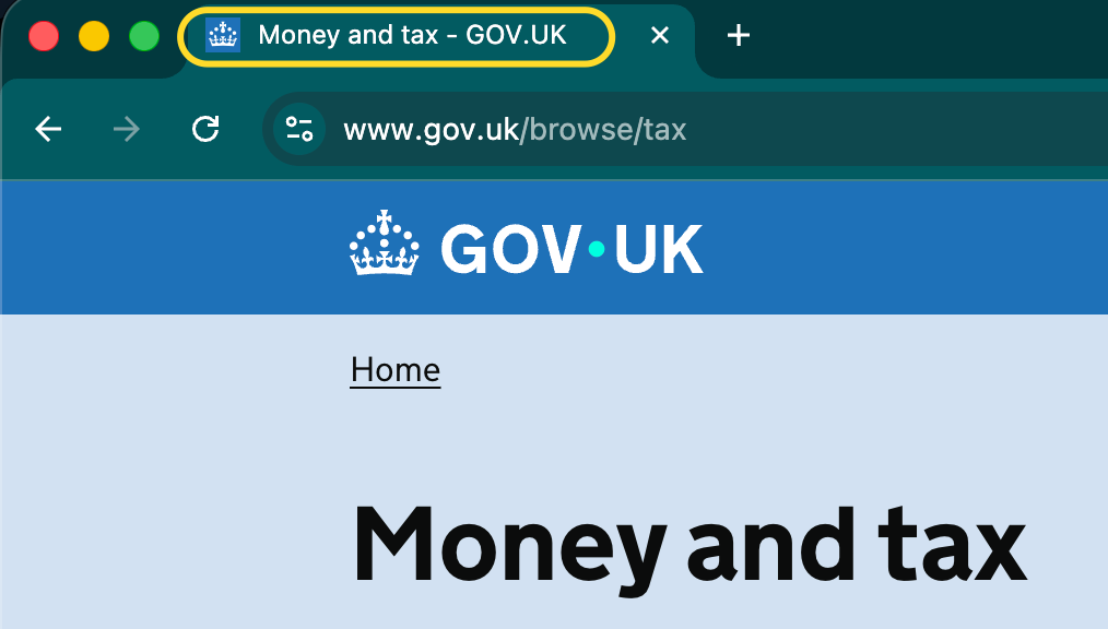 A GOV.UK page on Money and Tax in a browser, with the tab text highlighted. The tab reads "Money and tax - GOV.UK"