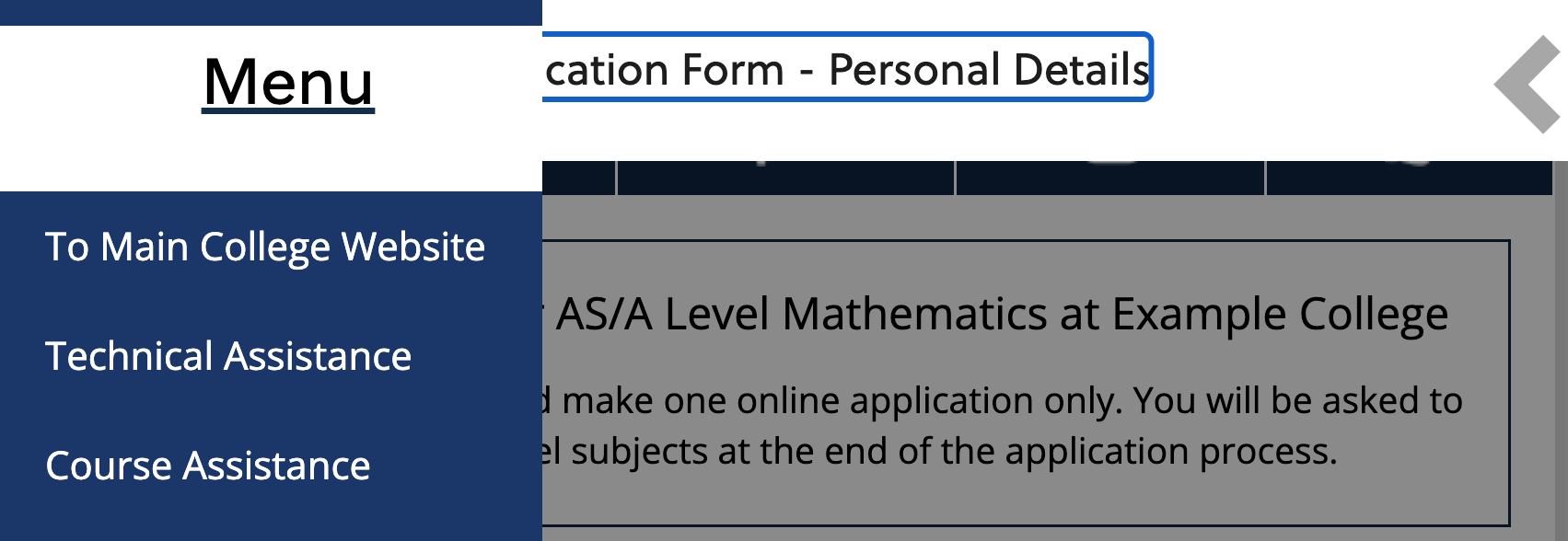 A menu on a college website, partially covering up a link which has keyboard focus, and some course details.
