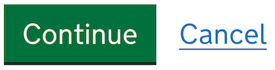 Green Continue button and blue Cancel link, with no keyboard focus