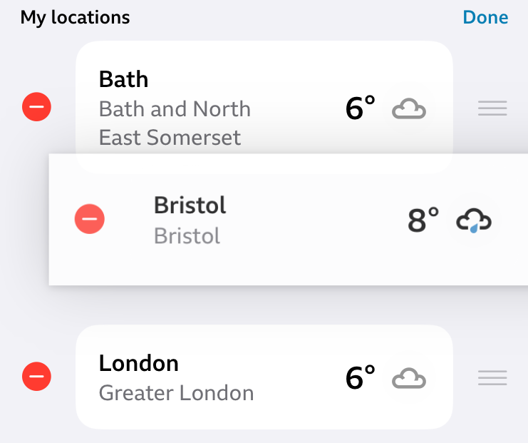 A stack of boxes in an app containing UK locations. Each box includes a draggable icon and delete button, but no other controls.