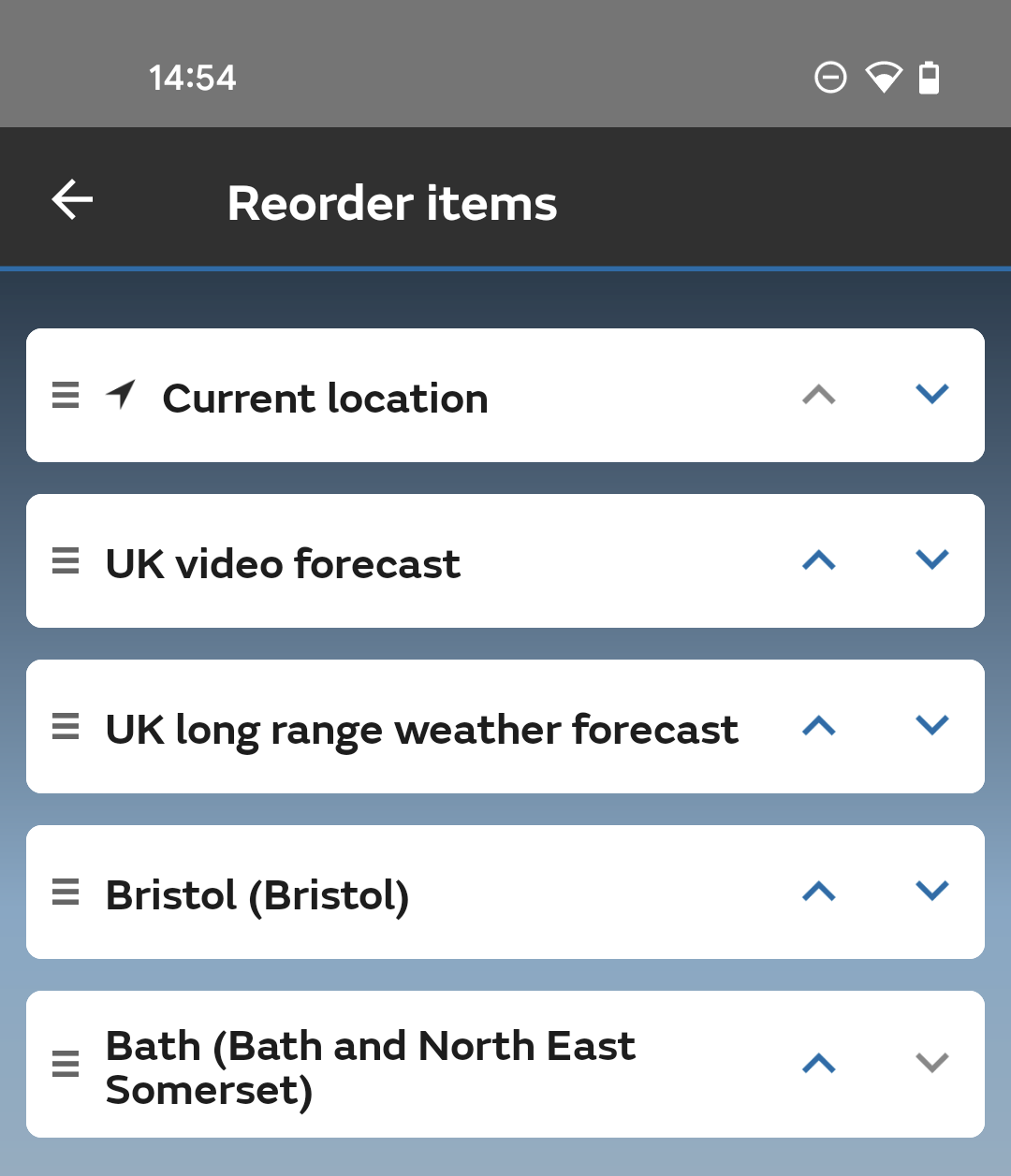 A stack of boxes in an app containing forecasts and locations. Each box includes a draggable icon as well as an up and down arrow.