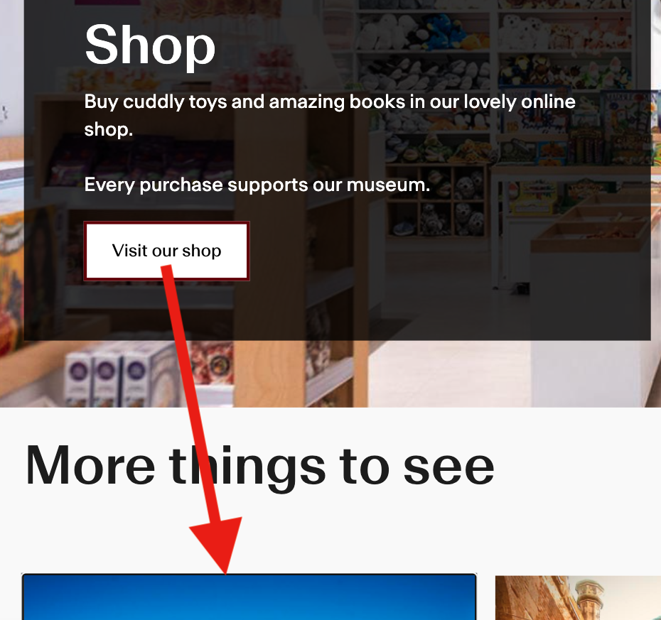 A "visit our shop" button with an arrow pointing down from it to a graphic with a thin black border