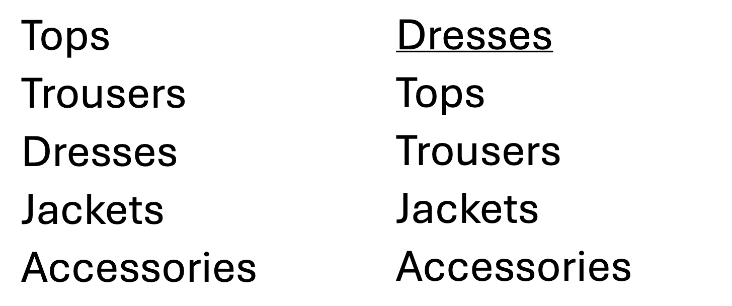 Two lists of clothing categories, one with tops at the top and one with dresses at the top.