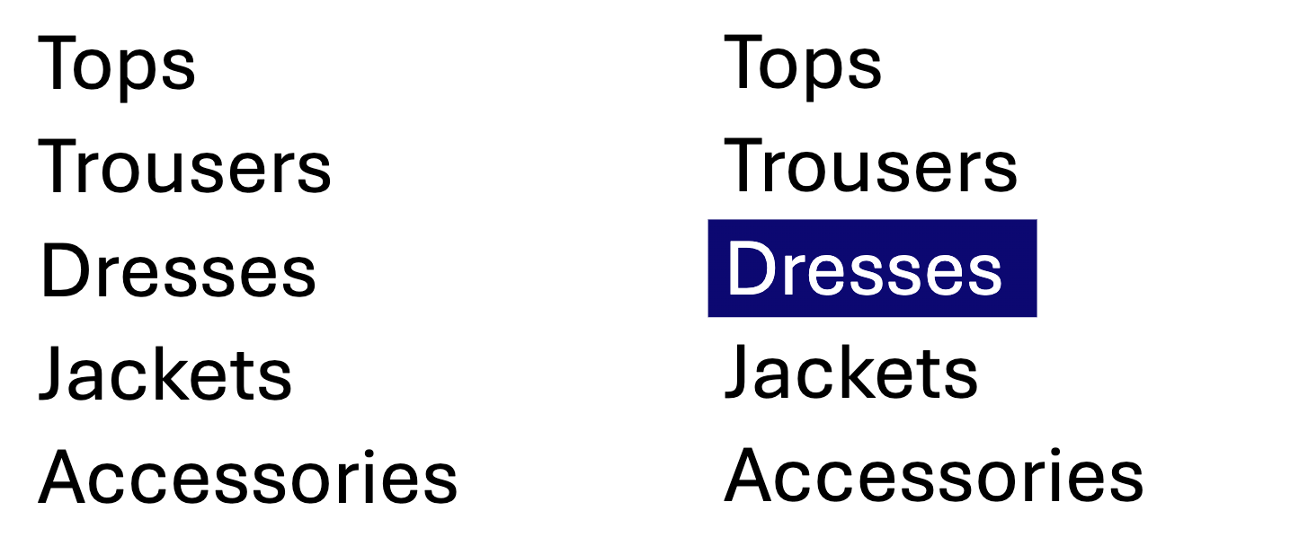 Two lists of clothing categories. The third option is dresses and it is highlighted in the second list by inverting its colours