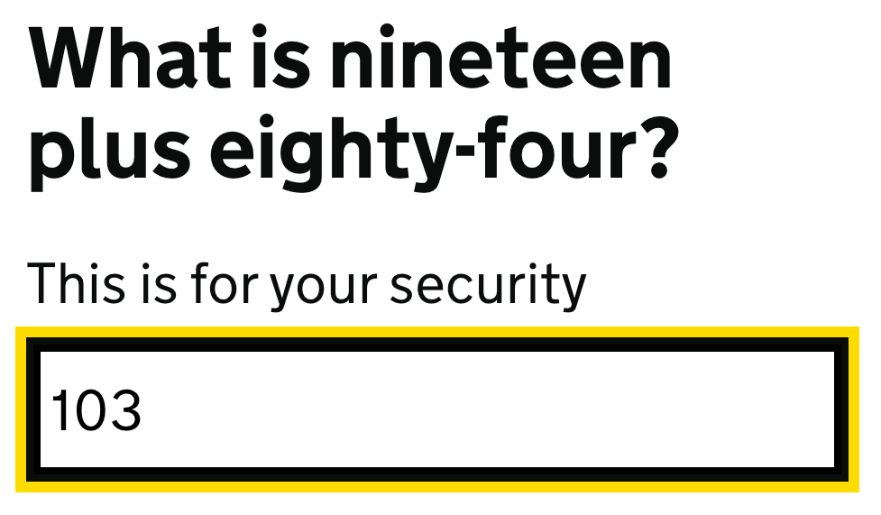 Form field with question "What is nineteen plus eighty-four?"