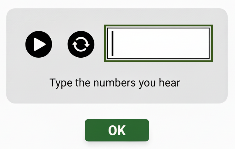 A prompt "Type the numbers you hear" including a play button and input field.