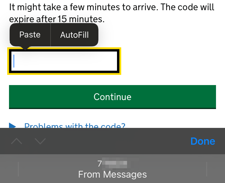 A field to enter a security code on an iPhone, with a Paste option visible and a "From Messages" prompt.