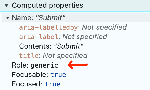 Accessibility information from the browser showing "Role: generic"
