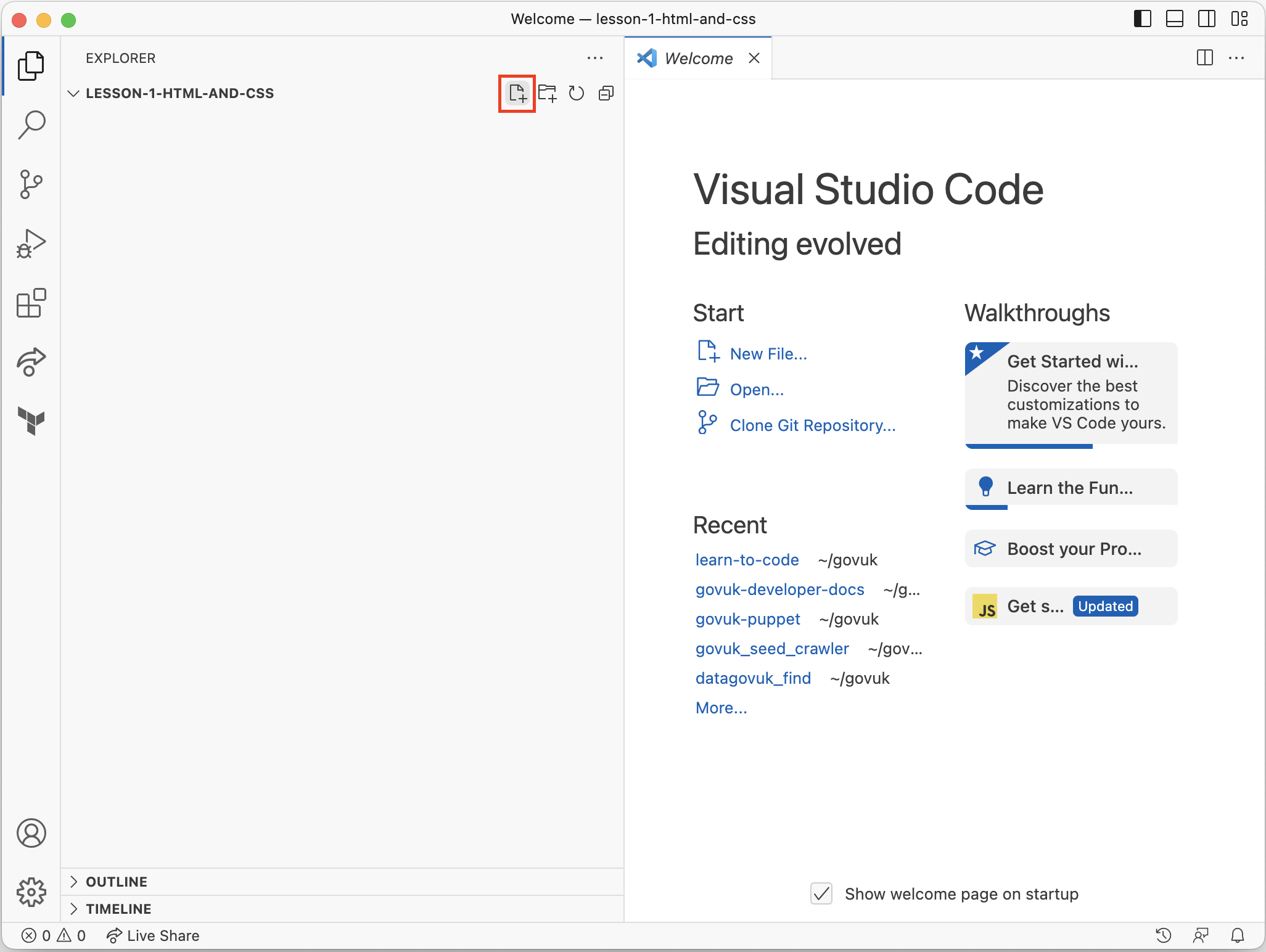 Screenshot showing how to add a file in Visual Studio Code. Right-click the folder in the sidebar, then select 'New File'.