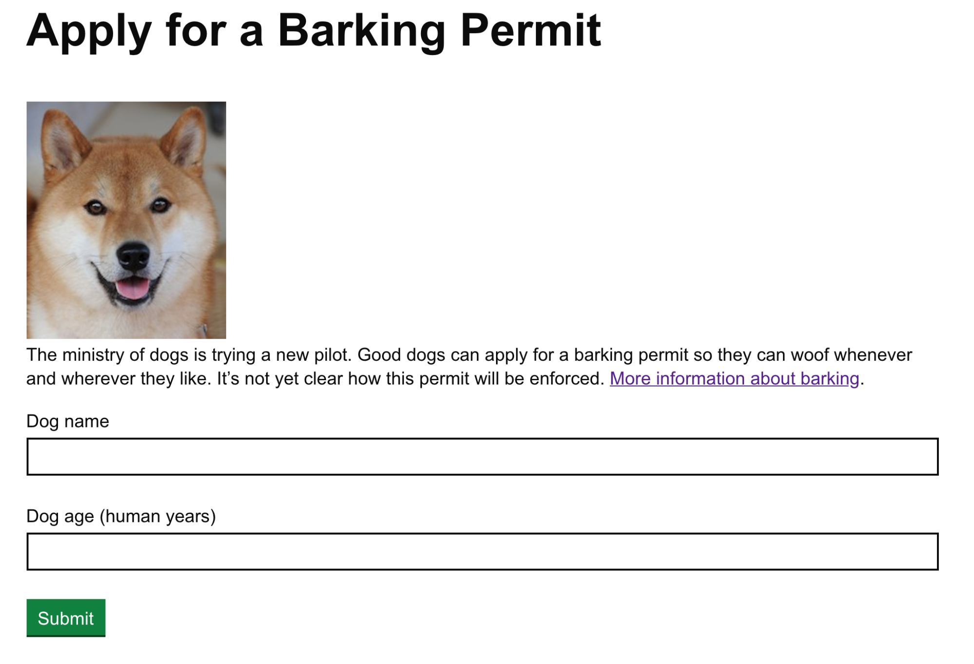 Apply for a Barking Permit website, showing an image, a paragraph of text, a link and a form