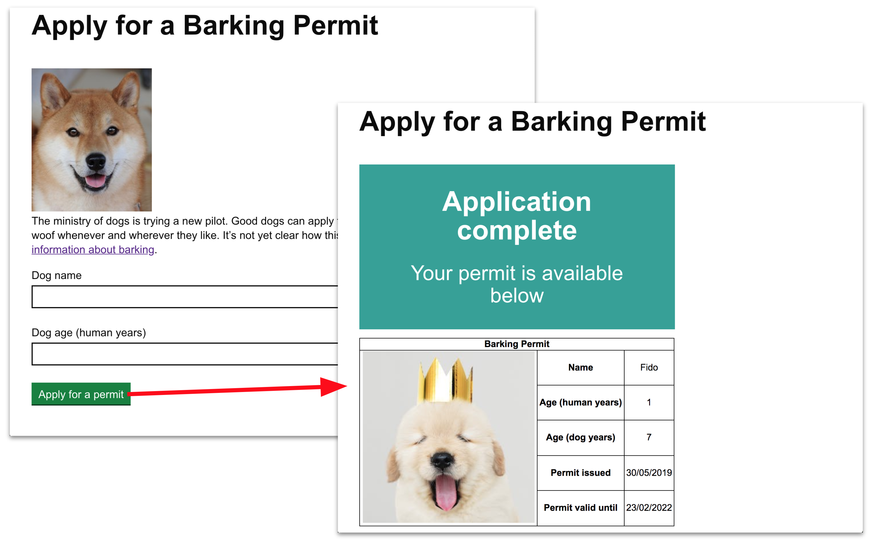 Apply for a Barking Permit website, showing the form from lesson 1 and the confirmation page